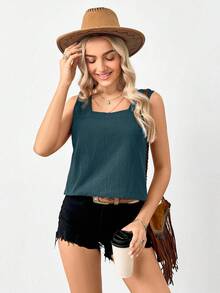 SHEIN LUNE Blusa informal sin mangas de cuello cuadrado en verde grisáceo para mujer - Verde Oscuro - Ver 3