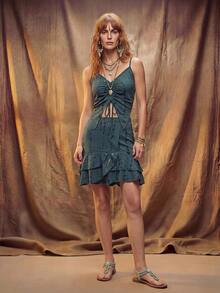 Fembélia Women's Dark Green Drawstring Design Asymmetrical Hem Cami Top And Asymmetrical Ruffle Hem Skirt Set Vacation Summer Boho Music - Green - View 1