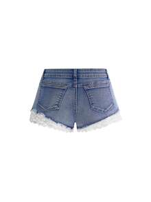 ROMWE Damen Spitzen-Patchwork figurschmeichelnde sexy Denim Shorts - Babyblau - Übersicht 2