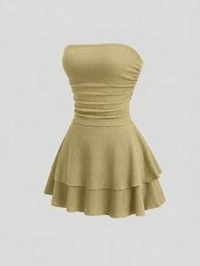 Sweetra Women's New Minimalist Versatile Solid Color Strapless Knit Tiered Cake Dress - Mustard Yellow - View 1
