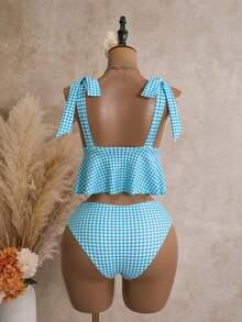 Swim Mod Setelan Baju Renang Pantai Musim Panas 2 Potong Wanita, Atasan Tali Tebal Motif Kotak-kotak Cokelat Kopi dengan Bawahan Bikini Tali Serut Berkerut di Samping - Royal Blue - View 6