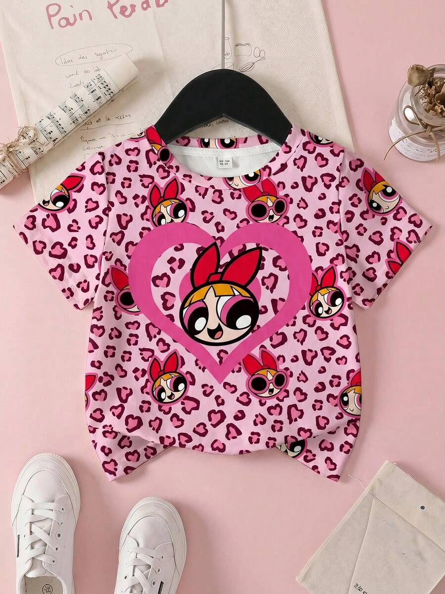 THE POWERPUFF GIRLS X SHEIN 年轻女孩休闲时尚街头风卡通爱心豹纹印花短袖T恤,夏季 - 白色 - 查看 1