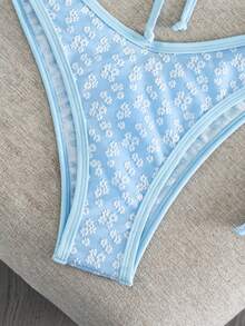Swim Mod New Lemon Yellow Textured Bikini, Bow Knot Front, Underwire Support & High Leg Beach Swimwear - Blue - View 8
