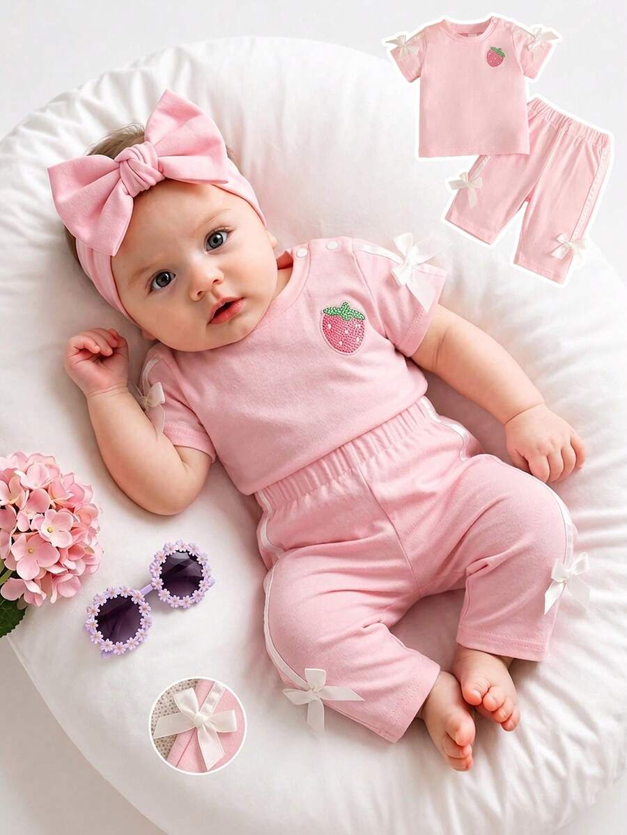 SHEIN Newborn Baby Girl Pink Fashion Set Short Sleeve Top With 3D Bow Decor Pants Cute Outfit For 0-9 M Babies
