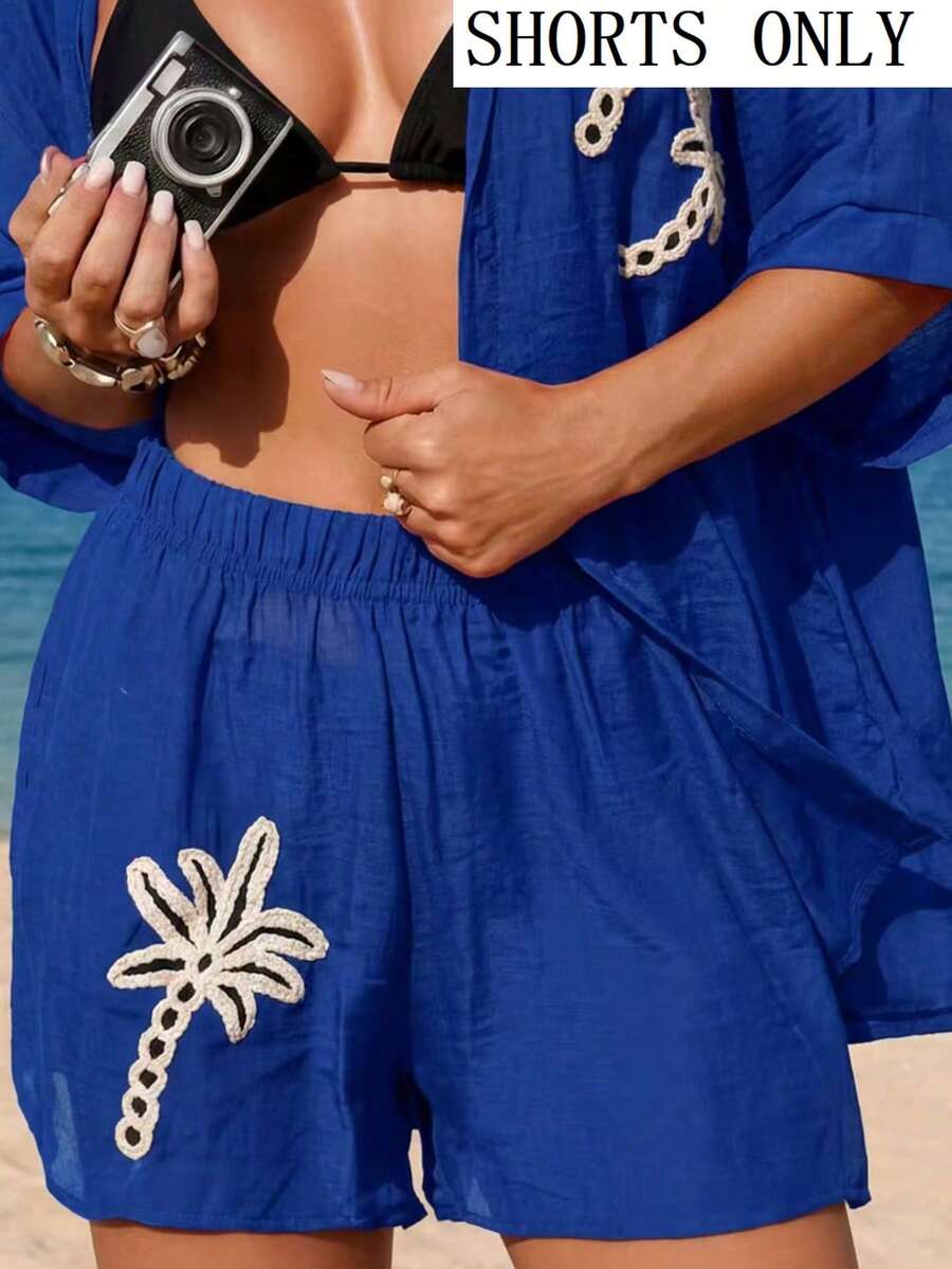 Swim Vcay 春夏新款优雅秋季纯色椰树图案装饰短裤,度假风女士泳装下装 - 藍色 - 查看 1