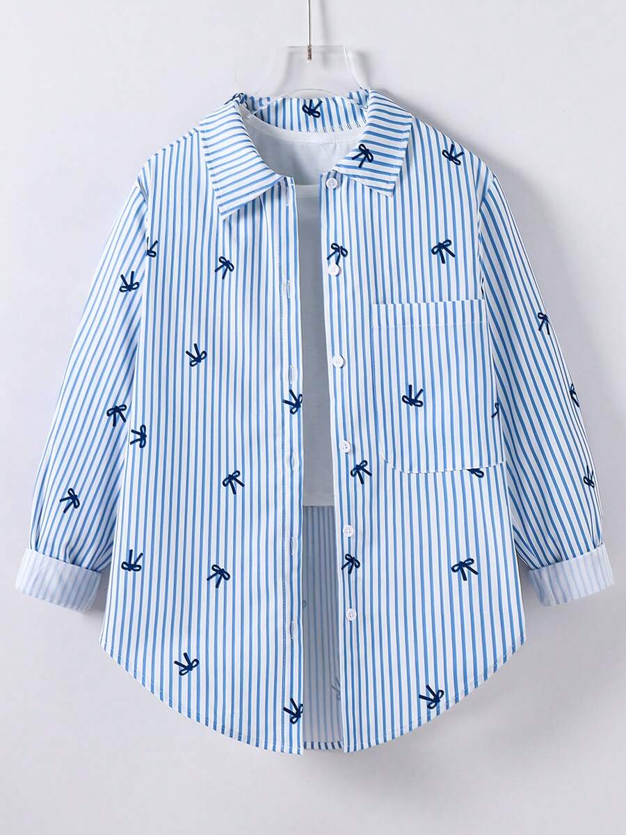 SHEIN 少女条纹轻薄防晒衫,春夏款,假日旅行 - 藍色 - 查看 1