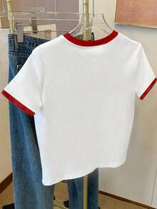Tween Girls Casual Vintage Cherry Print Short Sleeve T-Shirt, Tween GirlsSummer Contrast Color Shoulder Top, Suitable For Casual Daily Wear - Multicolor - View 2