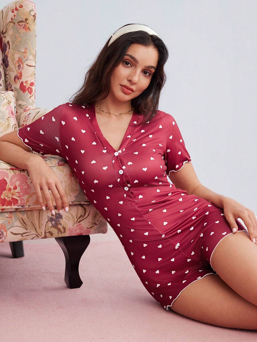 Elorette Heart Print Lettuce Trim Romper - Red - View 1