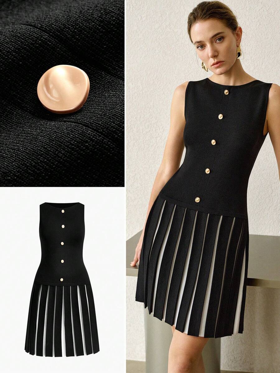 MOTF PREMIUM WOMEN'S BUTTON DECORATED SLEEVELESS KNIT SWEATER DRESS - Black - View 1