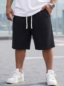 ResortEase 3pcs Plus Size Men's Comfortable Solid Color Drawstring Waist 100% Cotton Shorts, Summer Linen - Black - View 7
