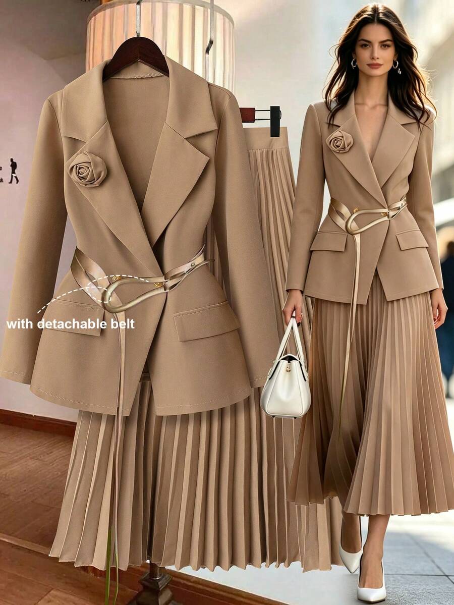 Franclia French Elegant Floral Applique Long Sleeve Blazer Jacket & A-Line Skirt Set, Autumn/Winter (Without Belt) - Khaki - View 1