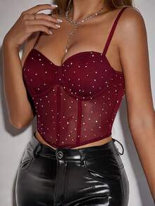 Allurite Women's Solid Color Rhinestone Decor Tulle Patchwork Camisole Tank Top - Burgundy - View 5