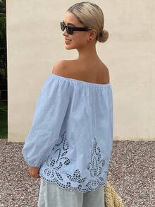 DAZY Women's Loose Off Shoulder Long Sleeve Hollow Embroidery Casual Vacation Summer Top Blouse - Baby Blue - View 2