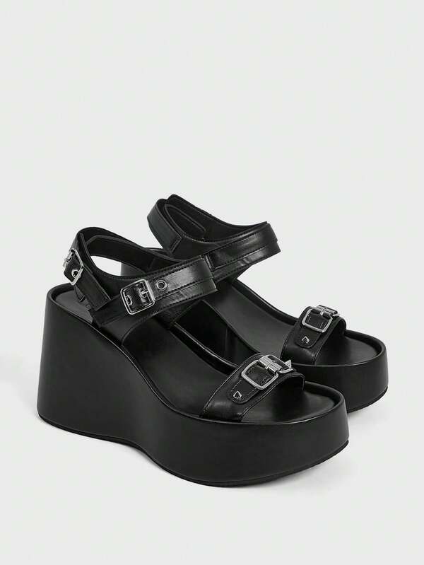 Sugerpunk Zapatos de mujer de moda con suela gruesa y cuña, sandalias de estilo punk de unicolor con punta redonda, remaches decorativos y hebilla, sandalias sexys para discoteca, salir y desplazarse, fáciles de llevar para viajes
