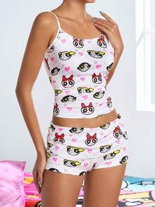 THE POWERPUFF GIRLS X SHEIN 女士服装、吊带背心和短裤睡衣套装、白色、毛茛、泡泡、花朵、PPG、卡通图案、全印花图案、心形图案、Y2K、音乐会服装、狂欢节服装、乡村音乐会服装、可爱、性感、休闲、2025 年春/夏 - 白色 - 查看 3