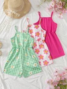 SHEIN Elladie kids 女童針織牛奶絲彈性吊帶連身短褲三件組，甜美休閒度假風，純色+大花臉+格紋雛菊印花，嬰幼童居家日常戶外玩樂幼兒園學校休閒百搭，柔軟舒適收腰連身衣，活潑充滿活力夏日氛圍 - 彩色 - 查看 3