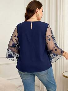 SHEIN Clasi Plus Size Women's Patchwork 3D Flower Decor Mesh Flare Sleeve Fashion Blouse Fall - Blue - View 3