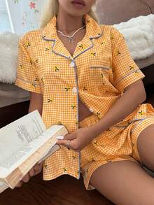 CottageSlumber Women's New Lemon Plaid Print Button-Down Short Sleeve Shorts Pajama Set - Orange - View 5
