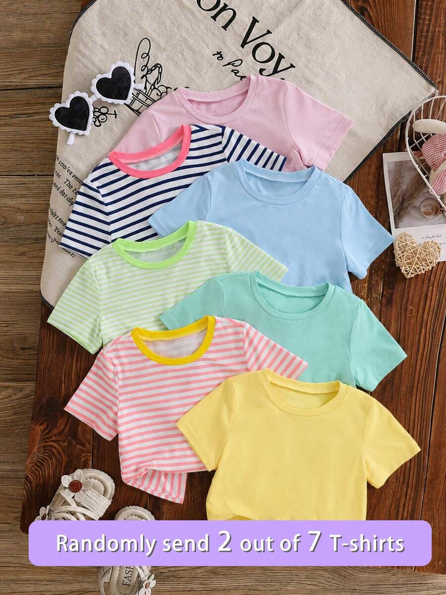 Random 2pcs, Girls Solid Color/Striped Soft Cotton-Feel Casual T-Shirts, Suitable For Summer, Back To School, Spring, Autumn, Winter Wear, Solid Color + Striped Design With Contrast Collar, American Style, Randomly Shipped 2pcs - Multicolor - View 1