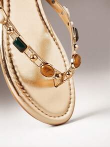 SHUZIA Women Beaded Decor Flip Flop Flat Sandals - Gold - View 7
