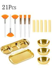 Facial Beauty Skin Care Spa Spa Care Tools Set, Stainless Steel Golden Mixing Mask Bowl, Diy Accessories, Golden Small Tray, Partition Golden Tray, Facial Fan Brush, Mask Applicator Brush, Facial Cleaning Sponge Compression Round - Multicolor - View 7