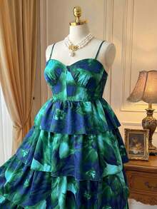 Rometta Plus Size Women All-Over Print Ruched Waist Elegant Party Cocktail Dress - Green - View 3