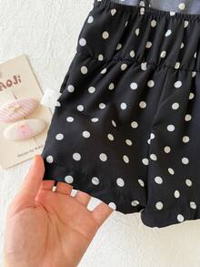 SHEIN Baju Terusan Bayi Perempuan Baru Lahir Lucu Motif Polkadot Kasual Musim Panas dengan Tali Bahu - Hitam - View 3