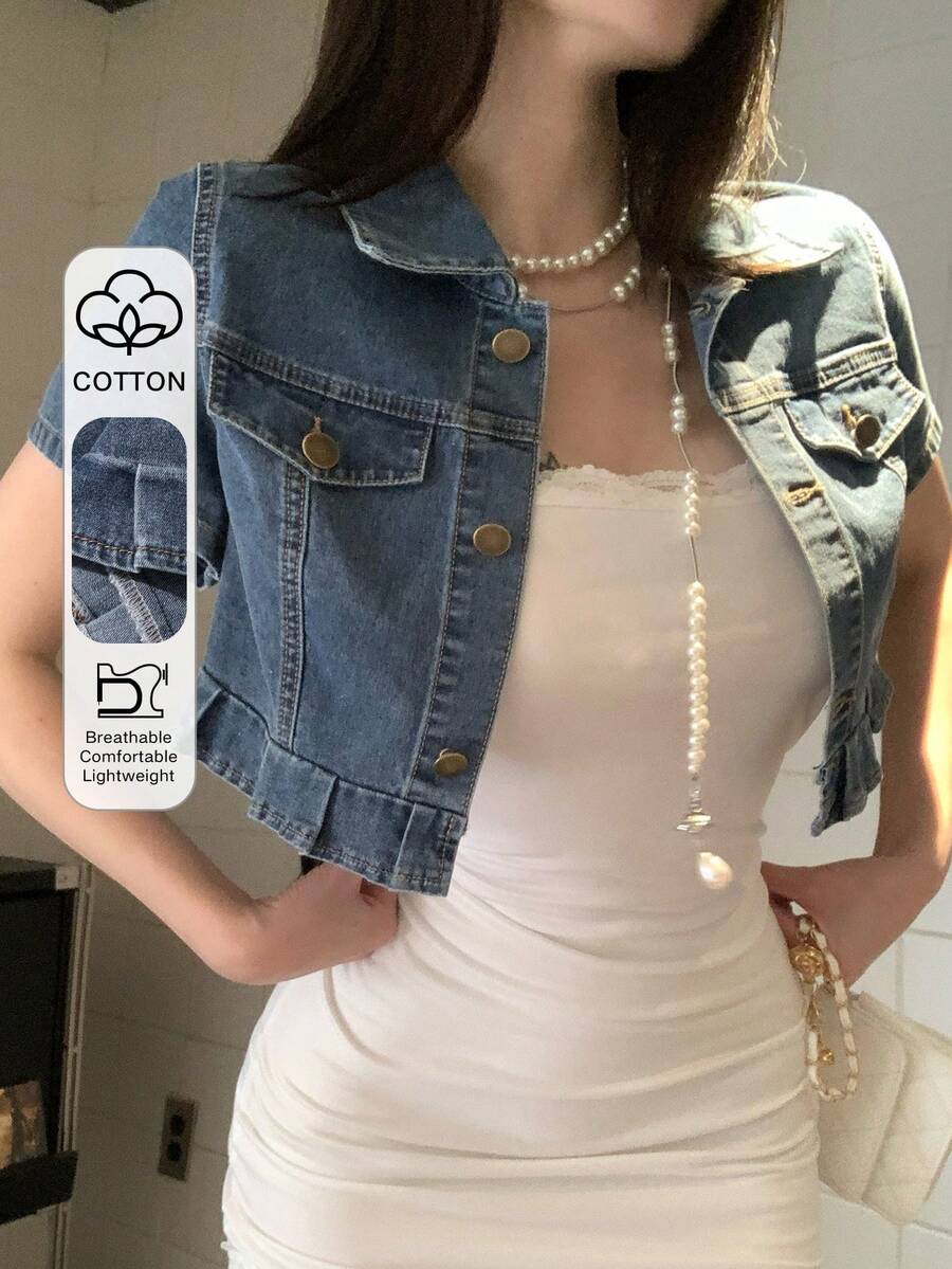 DAZY Camisa vaquera casual de mujer, azul lavado, manga corta, estilo urbano, adecuada para primavera y verano - Azul - Ver 1
