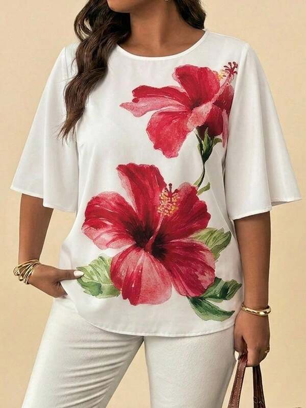 Travachic Plus Size Women's Vacation Casual Large Floral Print Round Neck Loose Blouse