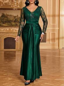 Fleurora Women's V-Neck Lace Patchwork Pleated Elegant Waist Cinched Long Party Dress - Dark Green - View 7