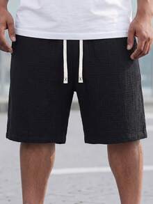 ResortEase 3pcs Plus Size Men's Comfortable Solid Color Drawstring Waist 100% Cotton Shorts, Summer Linen - Black - View 8
