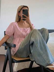 DAZY 女款方領蝴蝶結寬鬆版型夏季襯衫 - 粉色 - 查看 3