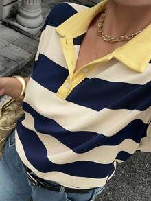 Dazy Plus 對比色拼接寬鬆條紋女款大尺碼休閒夏季中袖POLO領T恤 - 黃色 - 查看 1