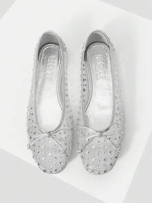 MOTF PREMIUM NEW SPRING AND SUMMER BALLET RHINESTONE MESH BOW ROUND TOE FLAT BOTTOM WOMEN'S SHOES APRICOT FAIRY VERSATILE TEMPERAMENT SWEET AND ELEGANT LOW VAMP SHOES COMFORTABLE HIGH-END CLASSIC SHOES SPRING SHOES - Silver - View 1