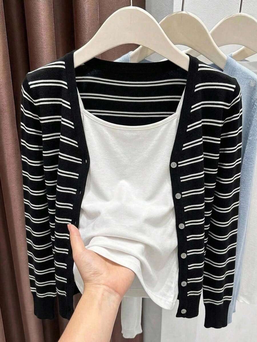 Muvela 休閒極簡風雙條紋細條紋橫條紋黑底女款薄開襟衫,百搭風格,復古氛圍,適合春夏季 - 彩色 - 查看 1