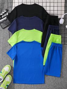 SHEIN 4套兒童青少年男孩休閒純色KING字母圖案短袖圓領T恤與鬆緊腰短褲套裝多件組 - 彩色 - 查看 4