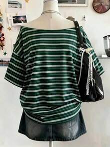 Lalippa Women's Striped Patchwork Color Casual Versatile Daily Outing T-Shirt - Black - View 2