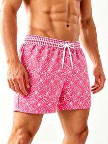 Manfinity Swimmode Men's Floral Print Drawstring Waist Beach Shorts, Holiday - Pink - View 2