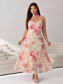 Solflare Gaun Cami Elegan Berkerah Ruffle Motif Bunga Ukuran Plus untuk Wanita, Liburan Musim Panas Warna Pink - MultiWarna - View 4