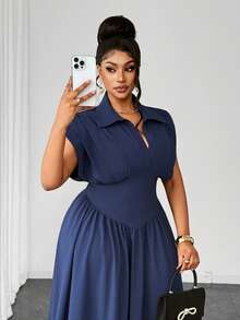 Maweii Charmantes elegantes Revershemd mit Plissee, einfarbiges taillenbetontes Große Größen Kleid, geeignet für lässig-elegante Alltagskleidung, tägliche Date-Kleidung, charmantes elegantes Kleid, Frühlings-/Sommerkleid - marineblau - Übersicht 7