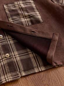 SWAVVY Kemeja Lengan Pendek Pria Bahan Suede Patchwork Kotak-kotak Tenun Campuran dengan Pewarna Benang - Coklat - View 6