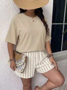 SHEIN Frenchy Summer New Vacation T-Shirt And Shorts Striped Print Plus Size Women's Two Pieces Set - White - View 7