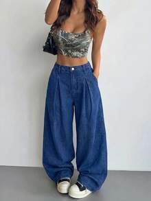 SHEIN Teen Girls Fashion Casual Y2k Vintage Cool Street Simple Basic Blue And White Thin Stripe Loose Wide-Leg Jeans For Kids Clothes Teen Girls Dailywear And Kids Spring To Summer Rave Outfits Festival And Outfits Streetwear Clothes - Dark Wash - View 5