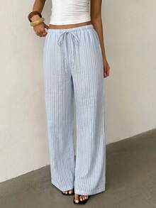 Aloruh Women's Casual Elastic Waist Tie Striped Linen Texture Loose Straight Wide Leg Pants - Baby Blue - View 5
