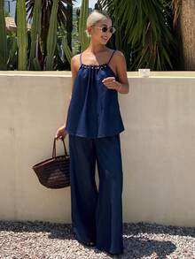 Livesso Summer Fashion Design Drawstring Navy Blue Top Straight Leg Casual Pants Set, Loose Business Business Vacation Commute Women's 2-Piece Set - Dark Wash - View 8