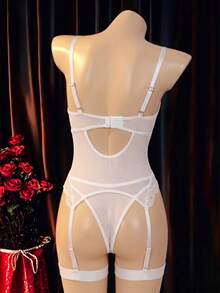SHEIN 4件組蕾絲飾邊拼接性感內衣胸衣套裝 - 白色 - 查看 7