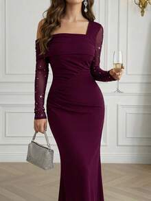 Modelyn Women's Fashion Oblique Shoulder Formal Evening Mermaid Dress Women's Formal Evening Dress Gown (Heavy Embroidery) Women Rhinestone Embellished Sheer Black Long Evening Gown, Wedding Guest Dress, Elegant Evening Dress, Prom Dress, For Wedding Dress Waist And Chest Slimming, Party Dress, Formal Dress Purple Women Evening Dress Off Shoulder Formal Dress Plum Dress Long Sleeve Formal Dress Sexy Elegant Dress - Red Violet - View 4
