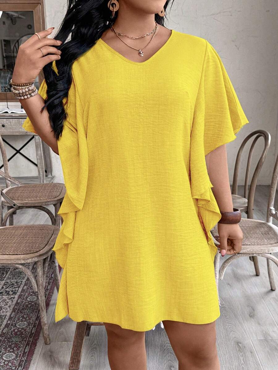 EMERY ROSE Vestido de uso diario casual de unicolor con cuello en V para mujer de talla grande - Amarillo claro - Ver 1