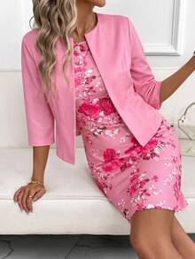 SHEIN Clasi Conjunto de 2 piezas para mujer con vestido ajustado de estampado floral elegante y cárdigan de punto de manga media en color rosa, adecuado para citas, ir al trabajo y uso diario - Rosa Fucsia - Ver 4