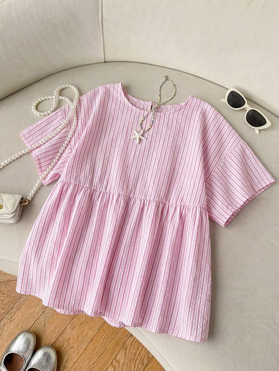 SHEIN EZwear 夏季多巴胺粉色條紋編織女款襯衫上衣,適合日常通勤、約會、聚會、秋冬/夏季、聖誕節、新年、感恩節、派對、婚禮、海灘、畢業典禮、時尚、優雅、休閒、通勤、亮面、情人節、優雅、度假、畢業典禮及其他場合 - 粉色 - 查看 1